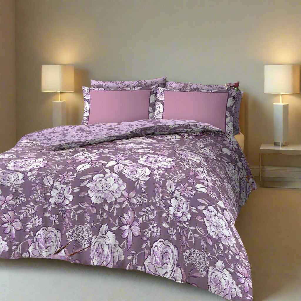 Mauve Floral Printed Complete Duvet Set