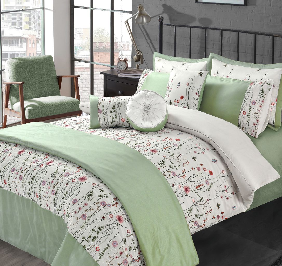 Green Floral Embroidered Duvet Set & Cushions