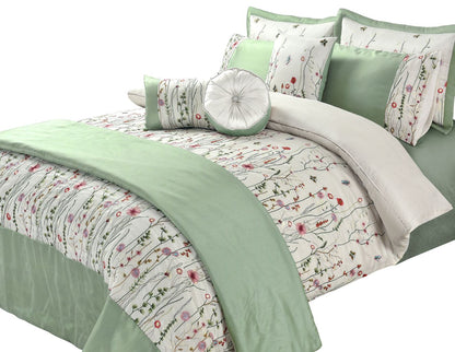 Green Floral Embroidered Duvet Set & Cushions