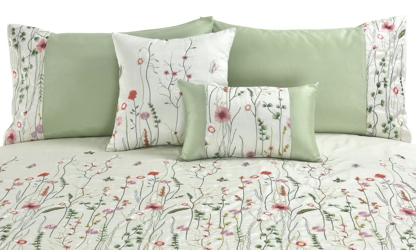 Green Floral Embroidered Duvet Set & Cushions