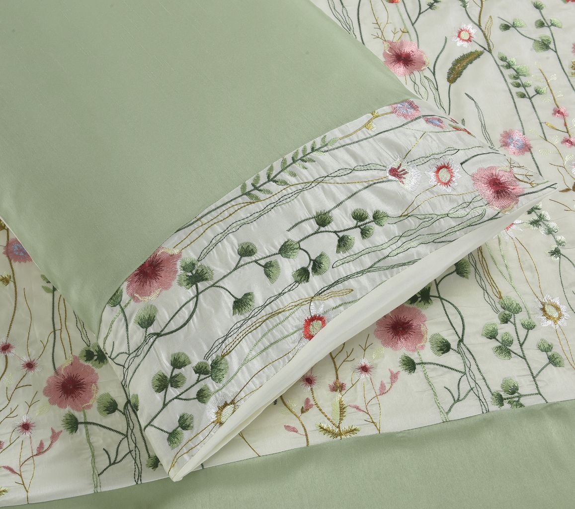 Green Floral Embroidered Duvet Set & Cushions