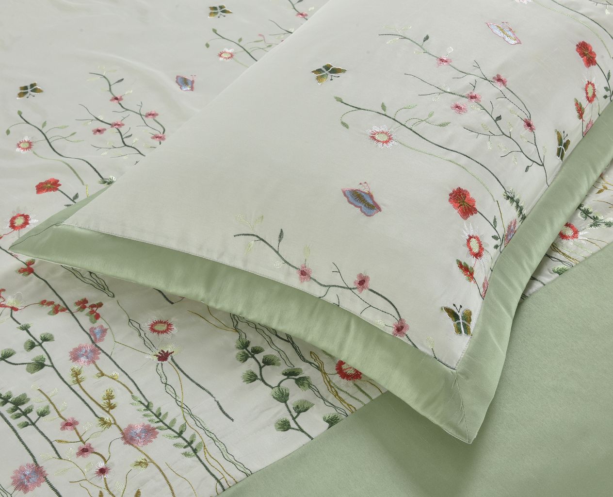 Green Floral Embroidered Duvet Set & Cushions
