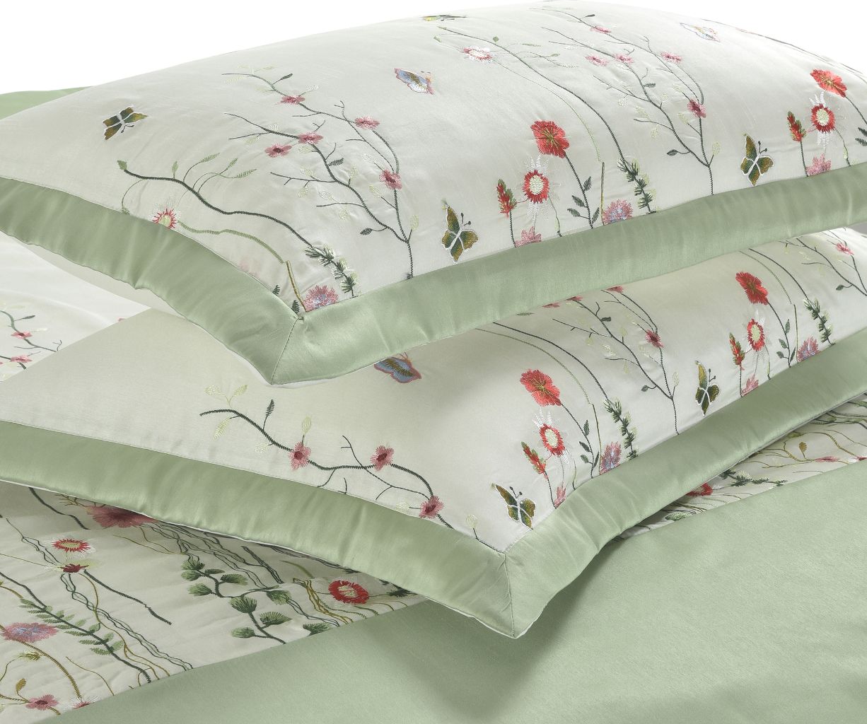 Green Floral Embroidered Duvet Set & Cushions