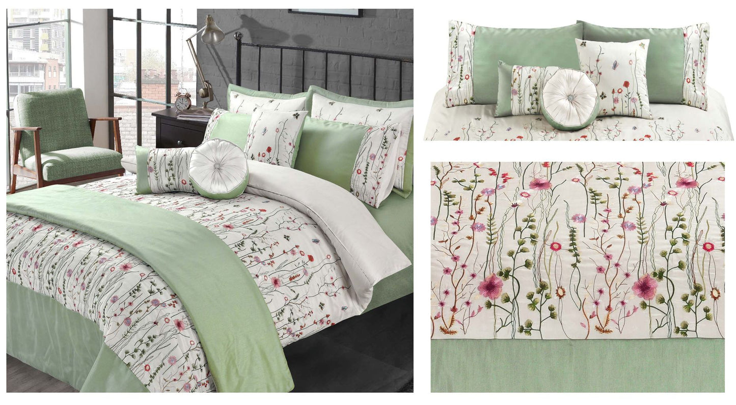 Green Floral Embroidered Duvet Set & Cushions