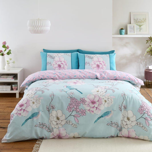 Pink & Blue Floral Reversible Duvet Set