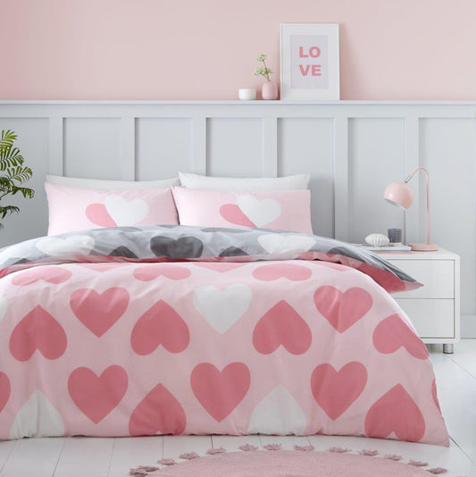 Pink & Grey Hearts Reversible Duvet Sets