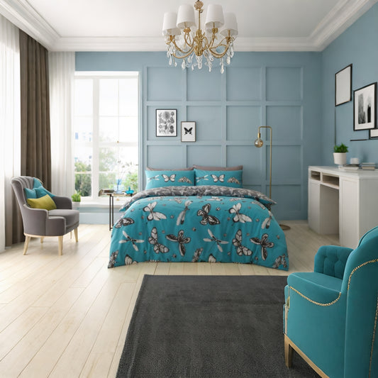 Teal & Grey Reversible Butterflies Reversible Duvet Set